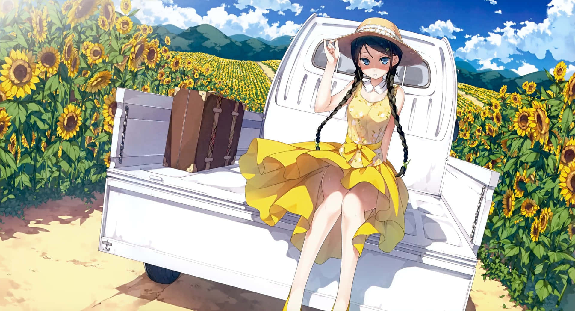 a girl in a yellow dress sitting in a truck in a field of sunflowers
