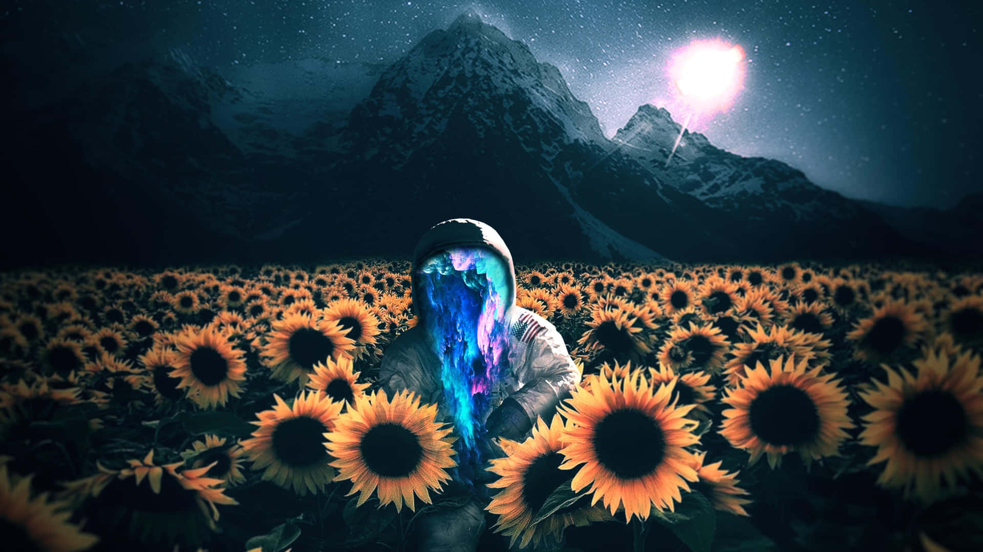 a person in a field of sunflowers with a blue light