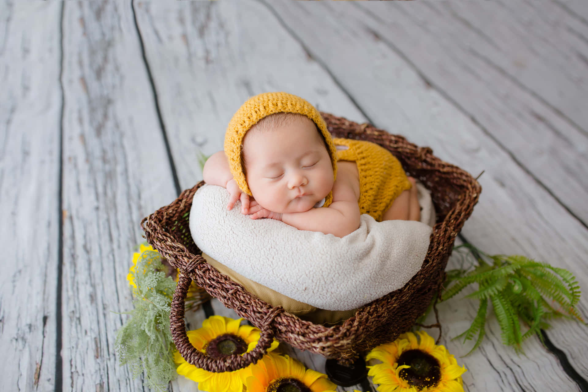 a baby sleeping in a basket with sunflowers