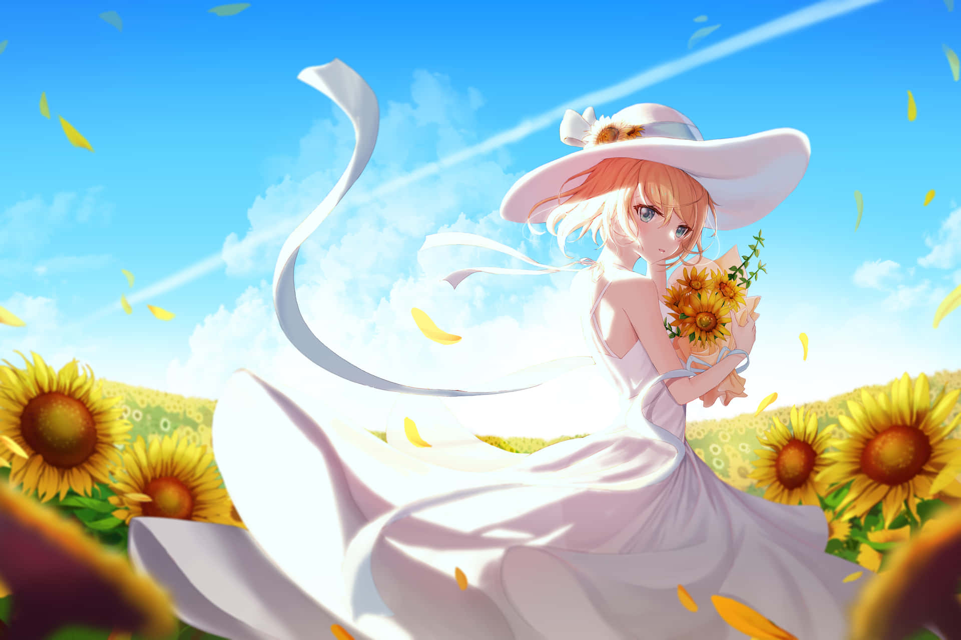 a girl in a white dress with sunflowers in her hair