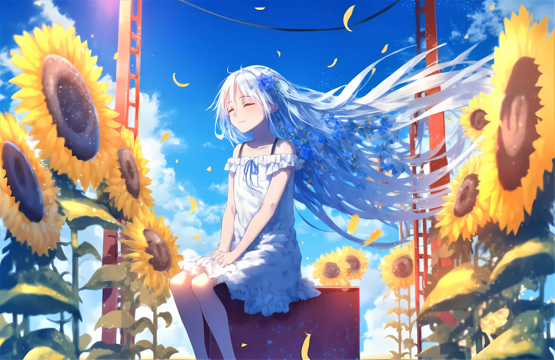 a girl sitting on a bench in front of sunflowers