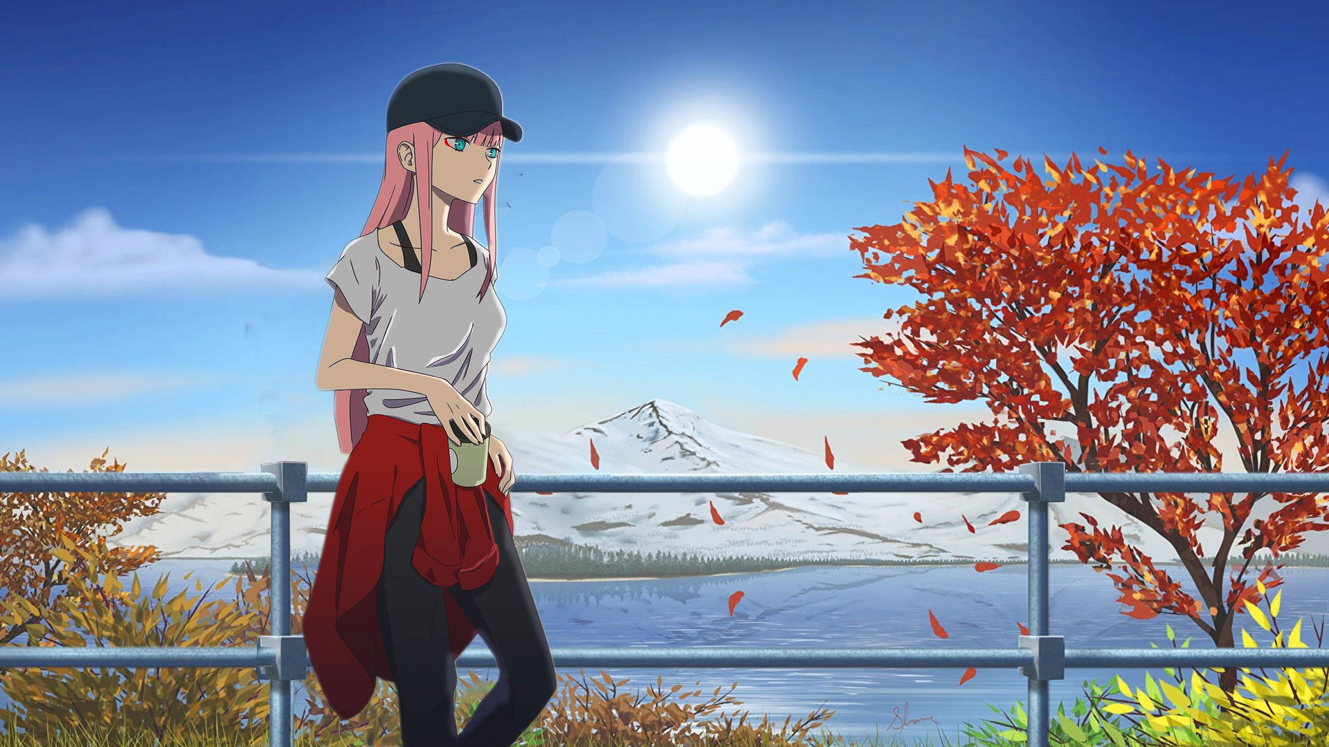 Hiro and Zero Two standing in the warm sunlight Wallpaper