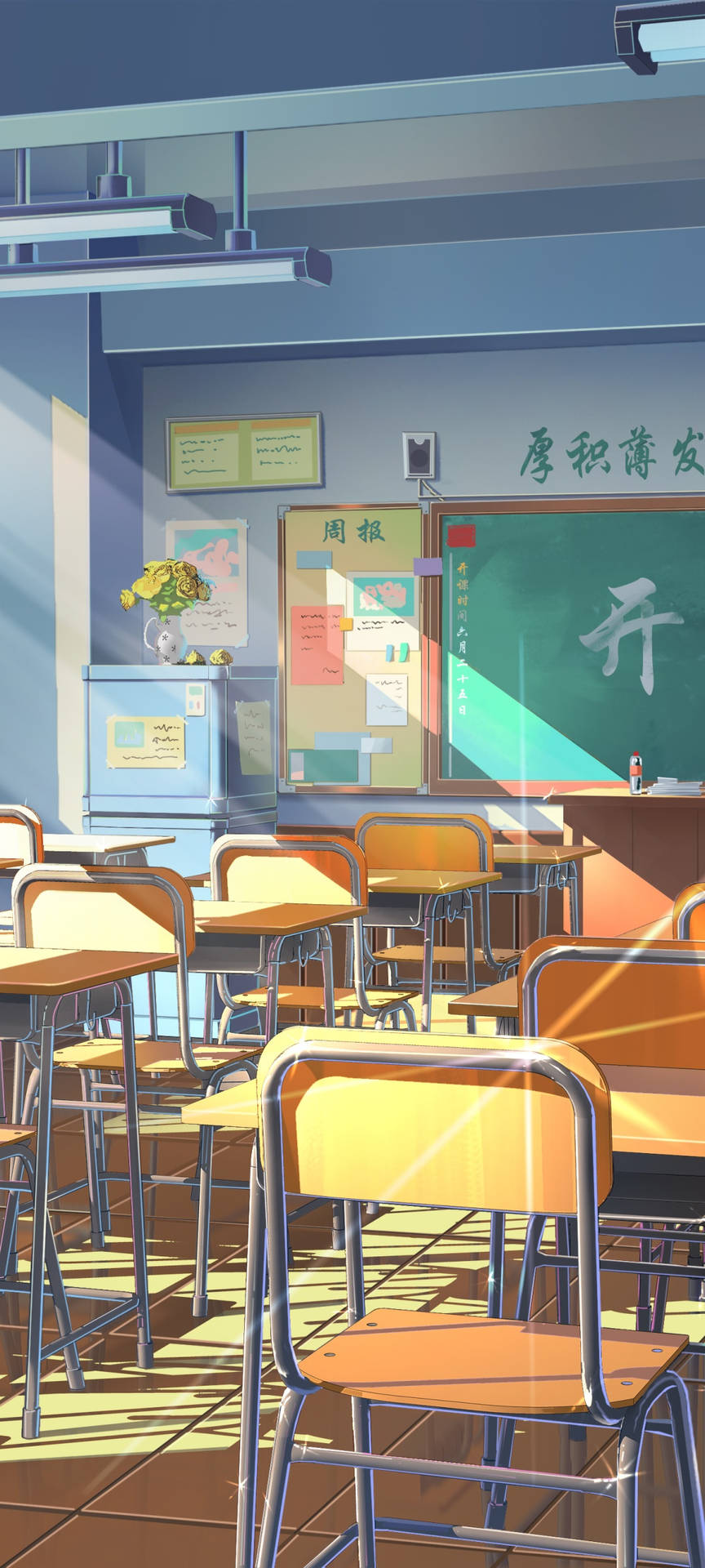 Sunlit Anime Classroom Wallpaper