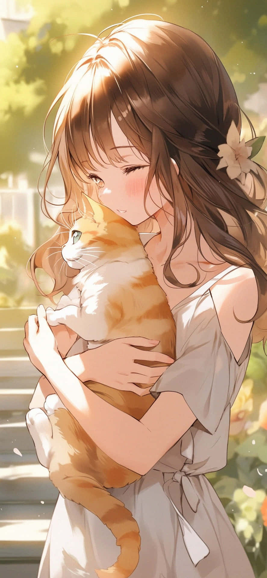 Sunlit_ Anime_ Girl_ Embracing_ Cat.jpg Wallpaper