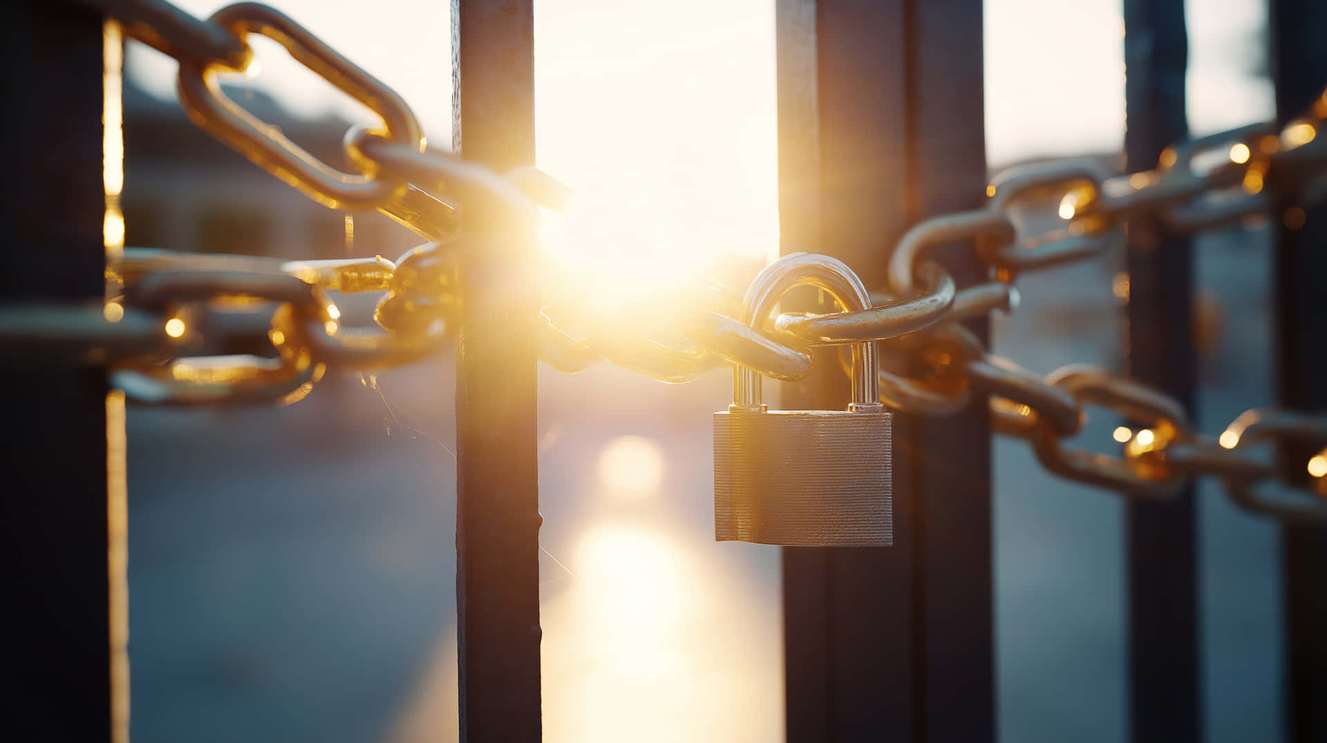 Sunlit Black Gate Secured With Golden Chain And Padlock Wallpaper