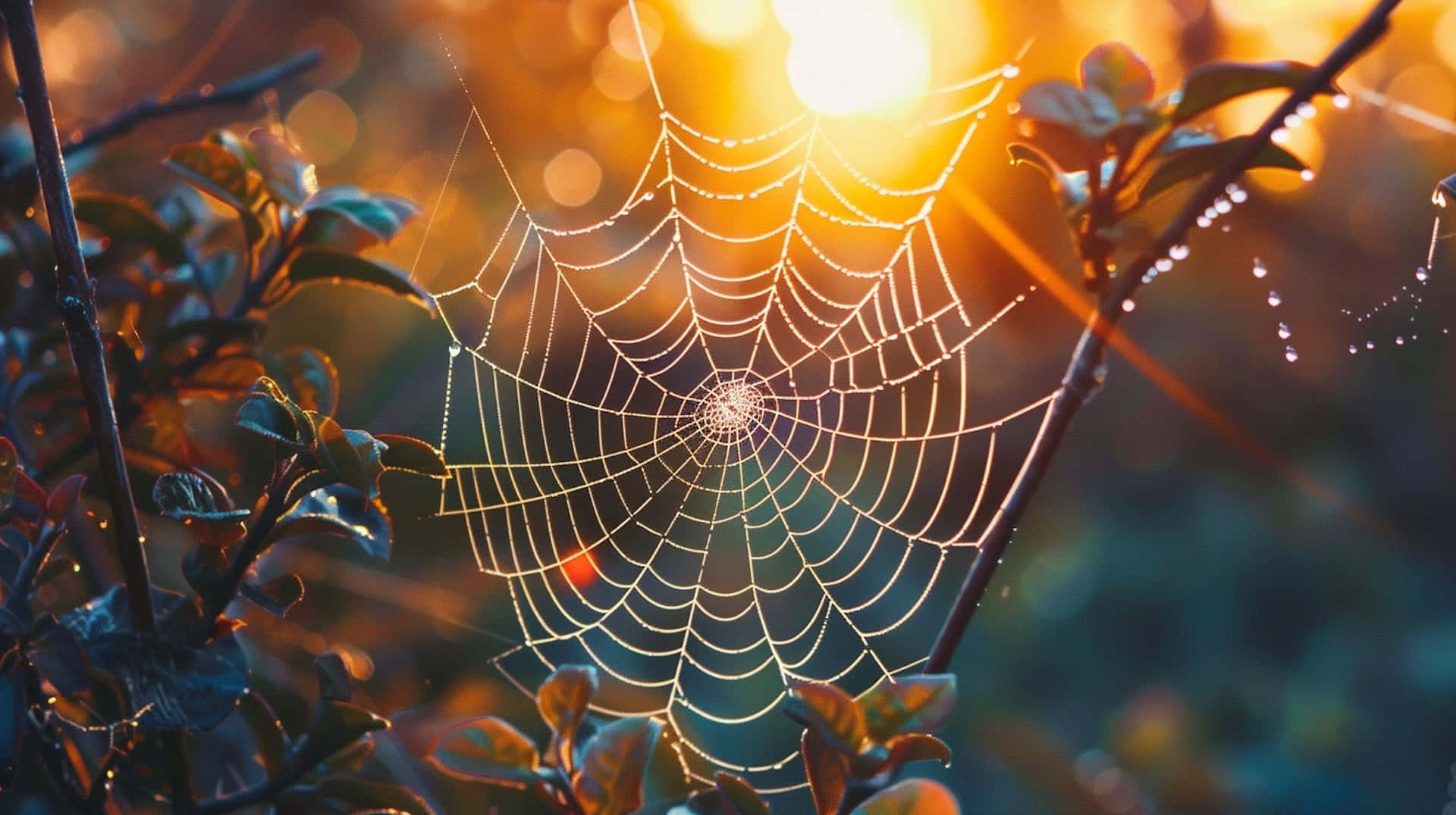 Sunlit Dewy Spider Web Wallpaper