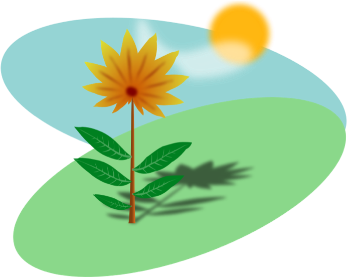 Sunlit Flower Illustration PNG — A bright yellow sunflower stands tall on green grass under a blue sky with a warm sun and white cloud.