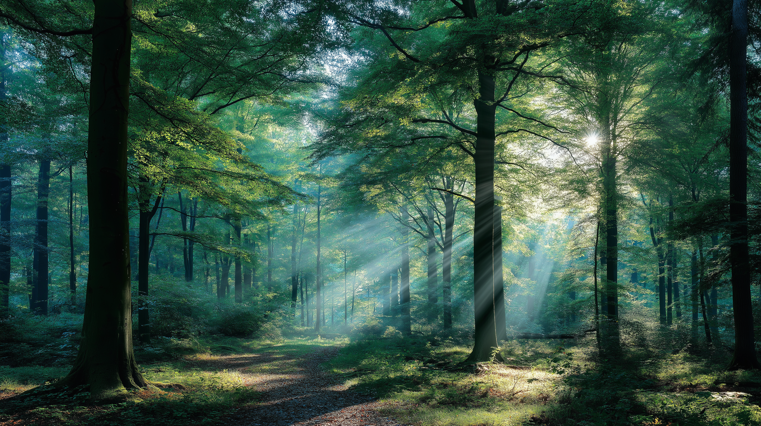 Sunlit Forest Haven PNG — Sunlight beams through dense green trees casting ethereal rays across a misty forest path.