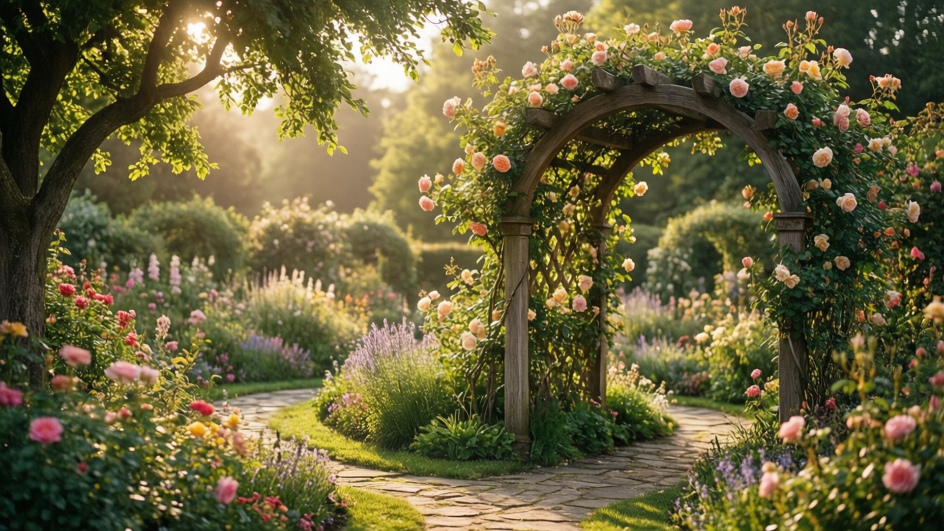 En lugn förtrollad trädgård badad i varmt solljus med en rustik berså och blommande blommor.