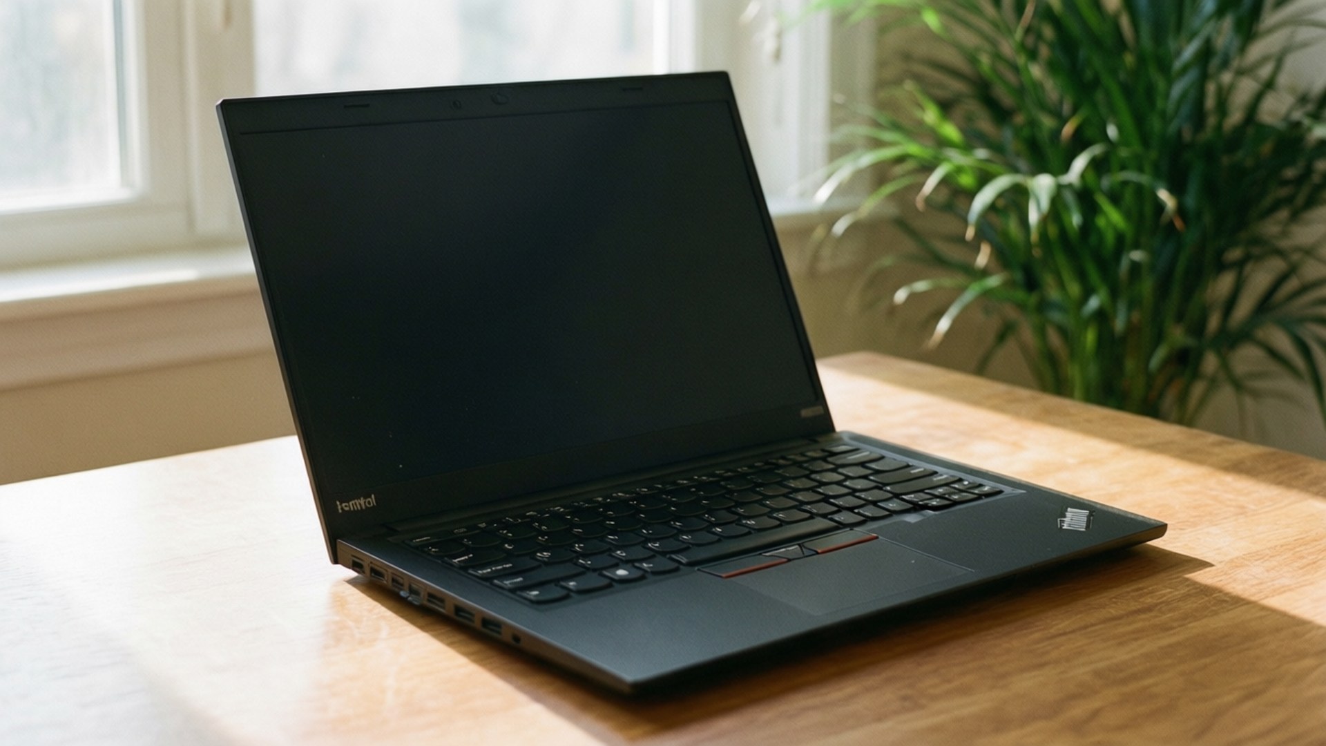 Thinkpad på ett träbord med varmt solljus, minimalistisk estetik.