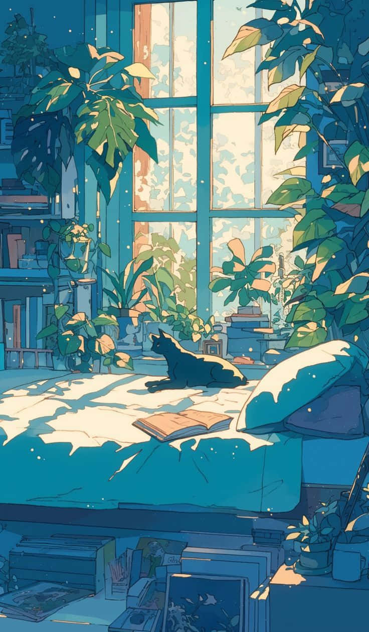 Sunny_ Anime_ Room_with_ Cat Wallpaper