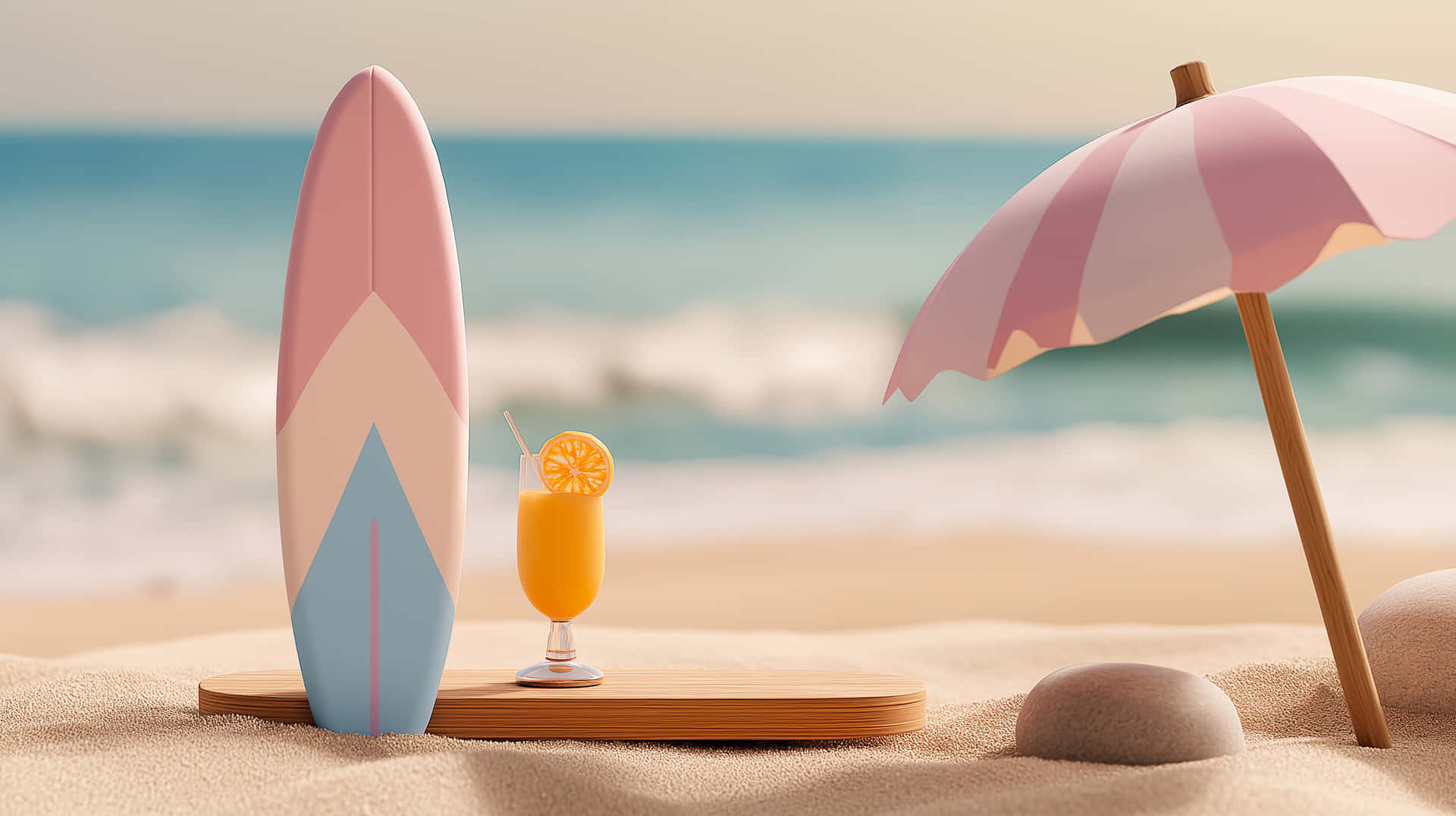 Sunny Beach Day With Surfboard, Umbrella, And Refreshing Cocktail Wallpaper