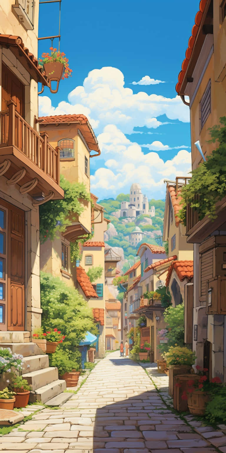 Zonnige Klinkerstraat Ghibli Stijl Achtergrond