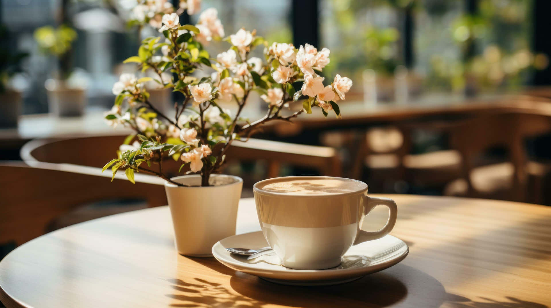 Sunny Coffee Shop Table With Flowers Wallpaper