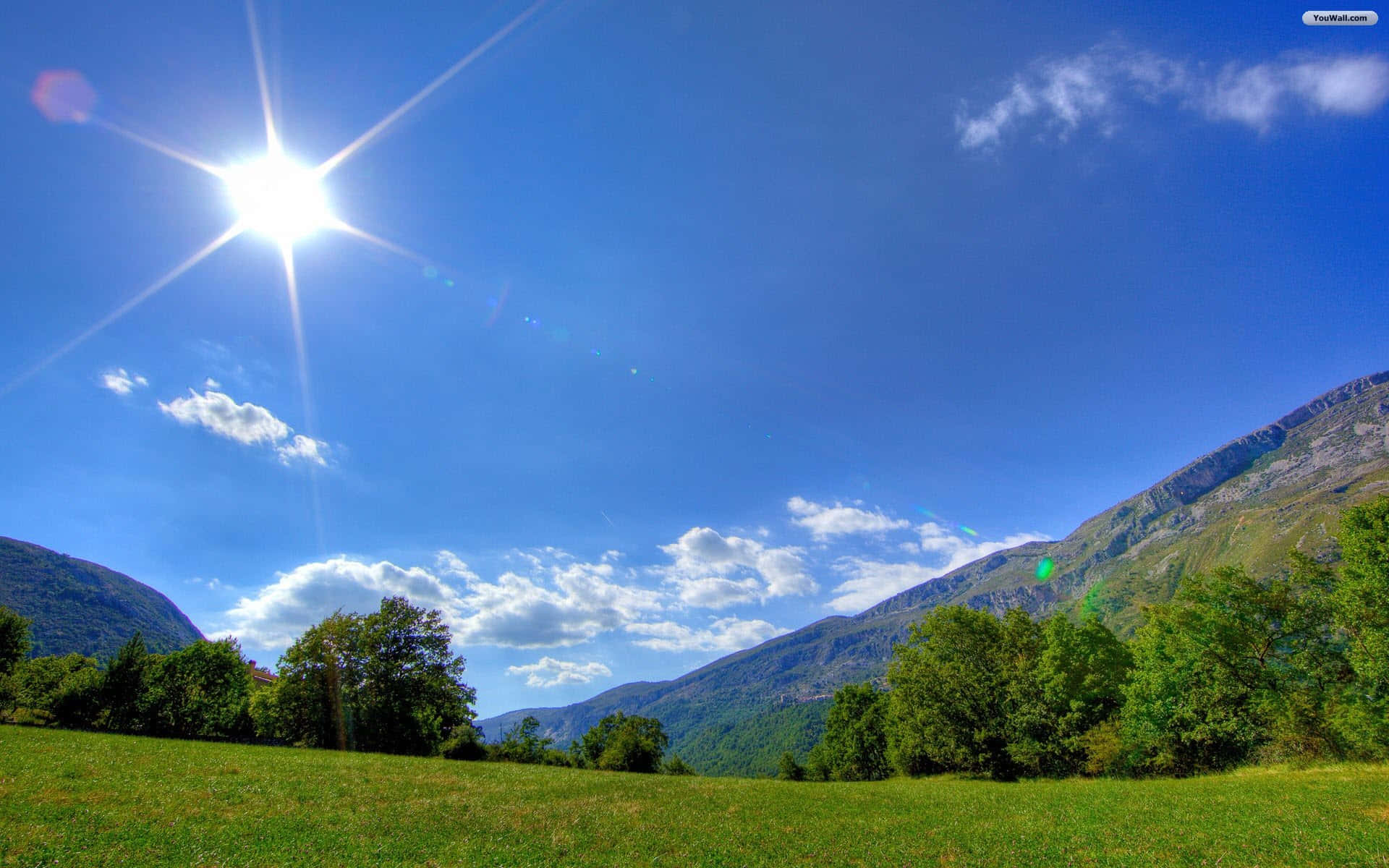 Sunny Day Mountains Green Field Wallpaper
