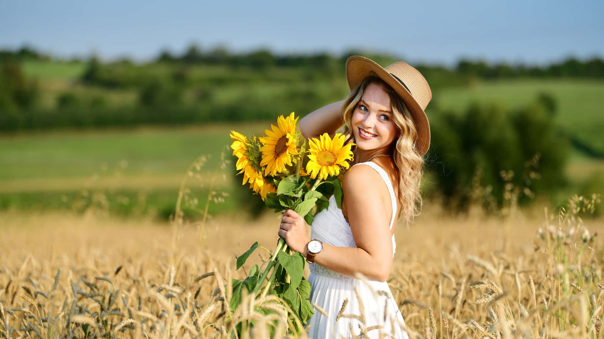 Beautiful Girl Sunflowers Sunny Day Wallpaper
