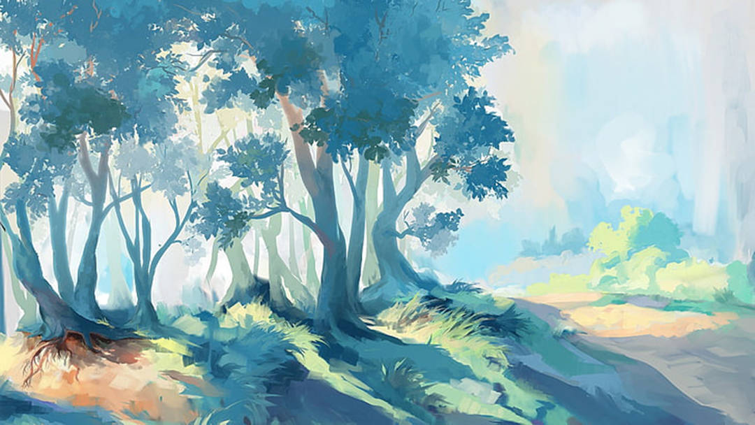 Sunny Forest Blue Painting Wallpaper