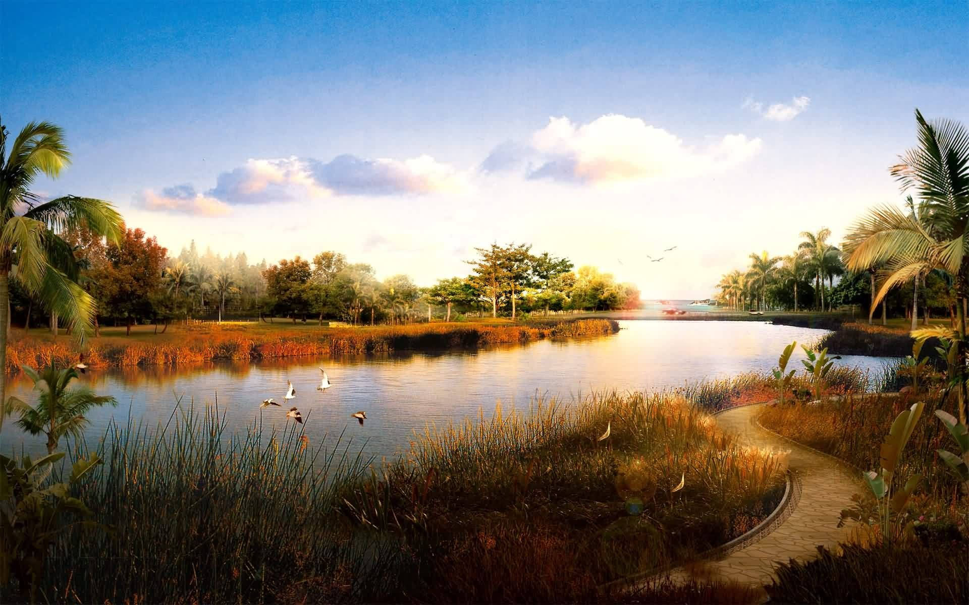 Sunny View of a Serene Lake Wallpaper