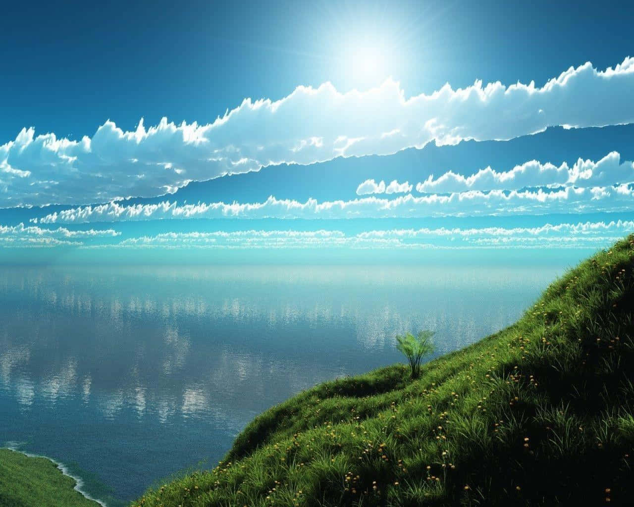 Download Sunny Lakeside Hillside View Wallpaper | Wallpapers.com