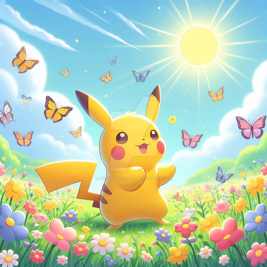 Sunny Pikachuin Flower Meadow Wallpaper