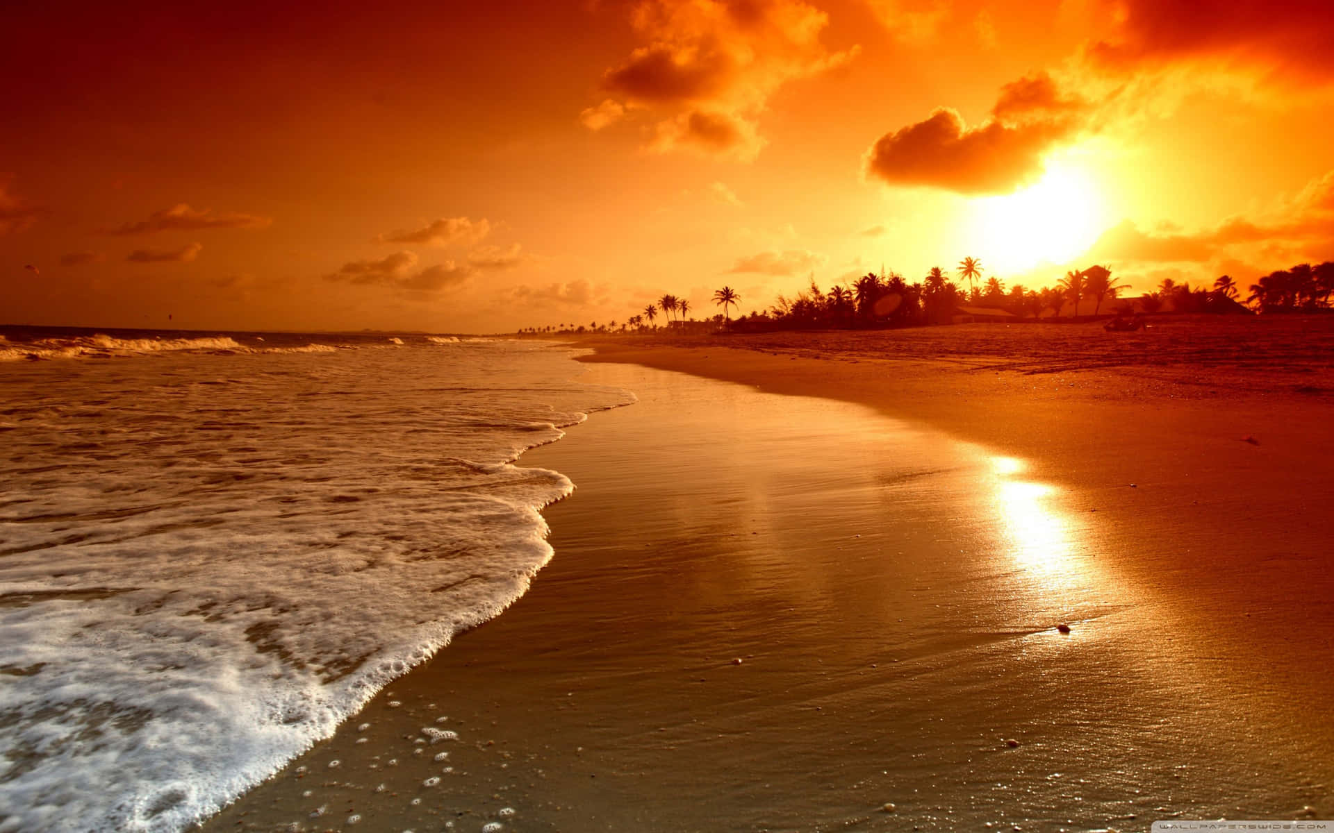 Et solnedgang på en strand med bølger, der bølger mod en kaj. Wallpaper