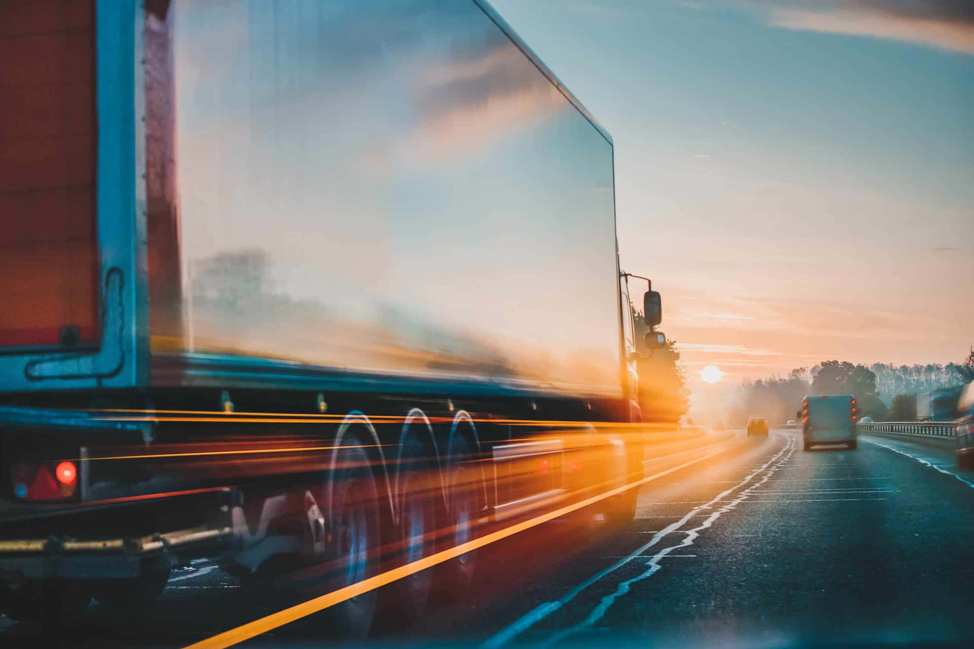 Zonsopgang Snelweg Vrachtwagen Bewegingsonscherpte Achtergrond