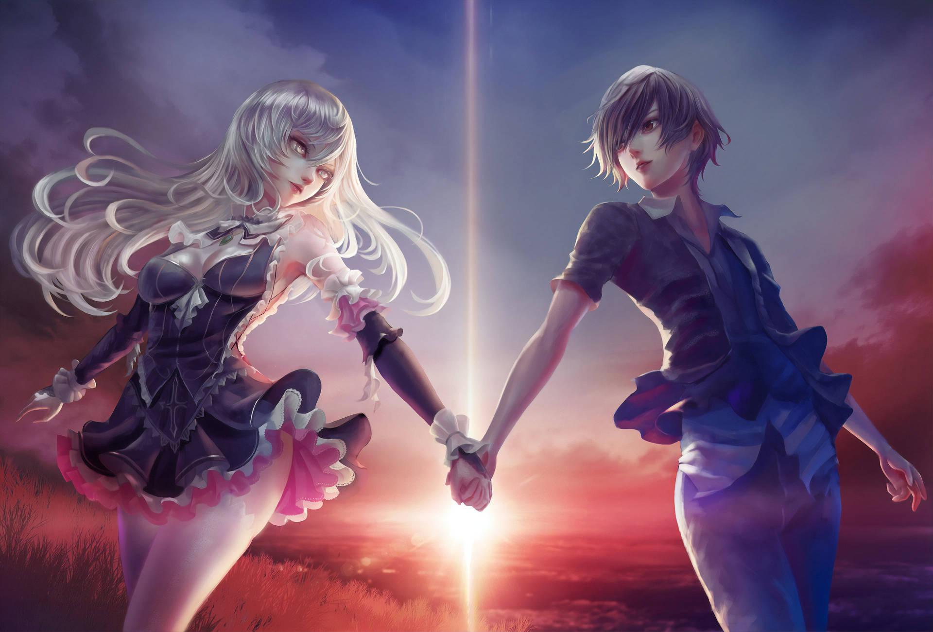 Sunset Aesthetic Anime Couple Digital Paint Wallpaper