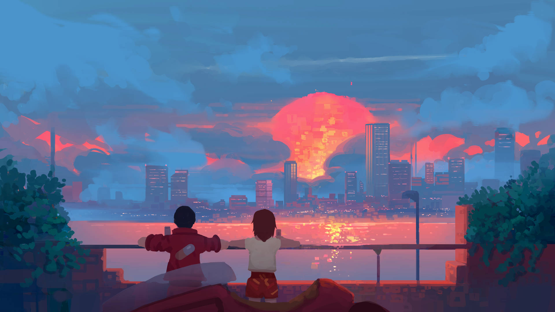 Sonnenuntergangästhetik Anime Paar Digitales Gemälde Wallpaper