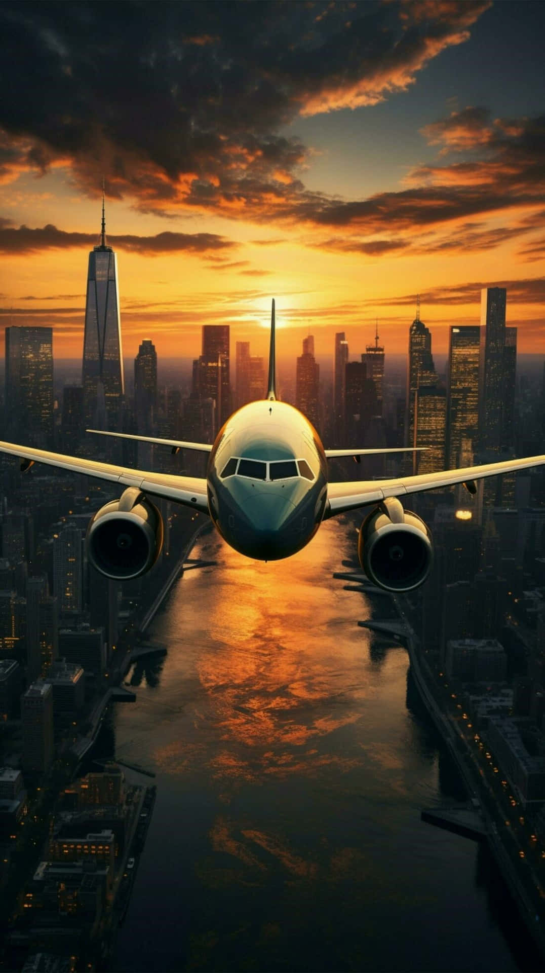 Sunset_ Airplane_ Over_ Cityscape.jpg Wallpaper