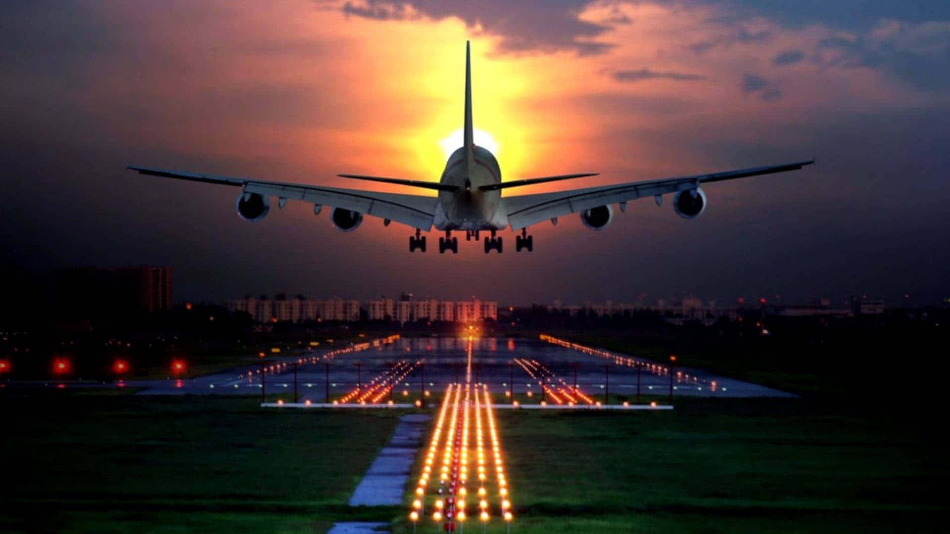Sunset And Departing Plane Background Wallpaper