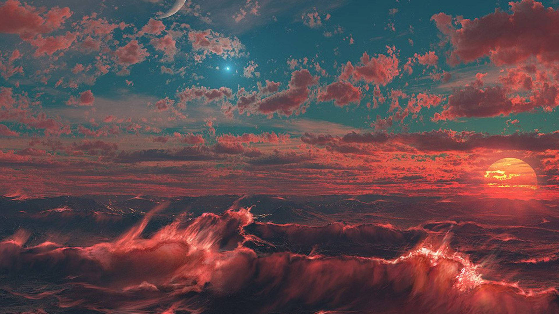Sunset art with red waves and clouds merging with a blue star.