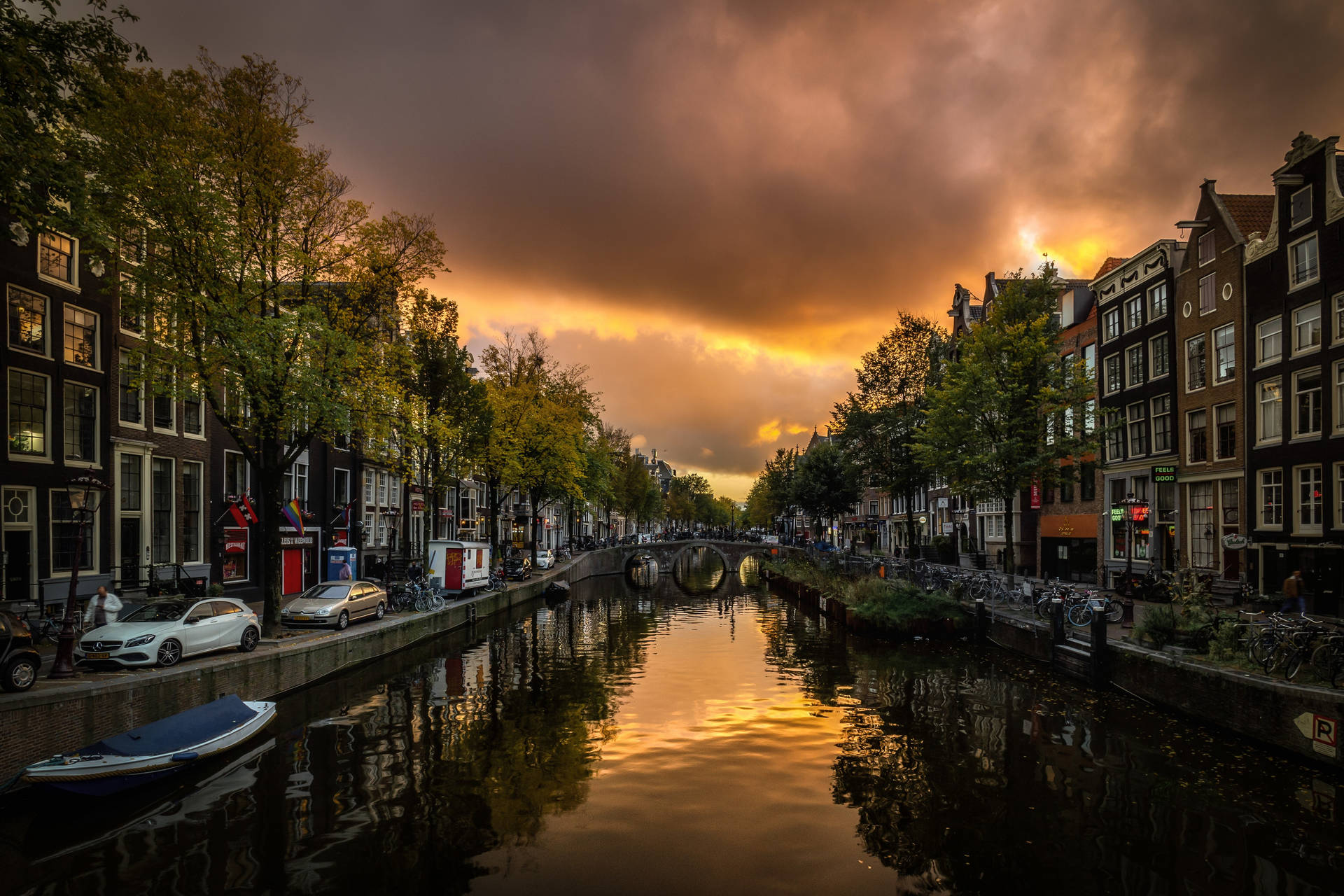 Sunset At Amsterdam Canal Background