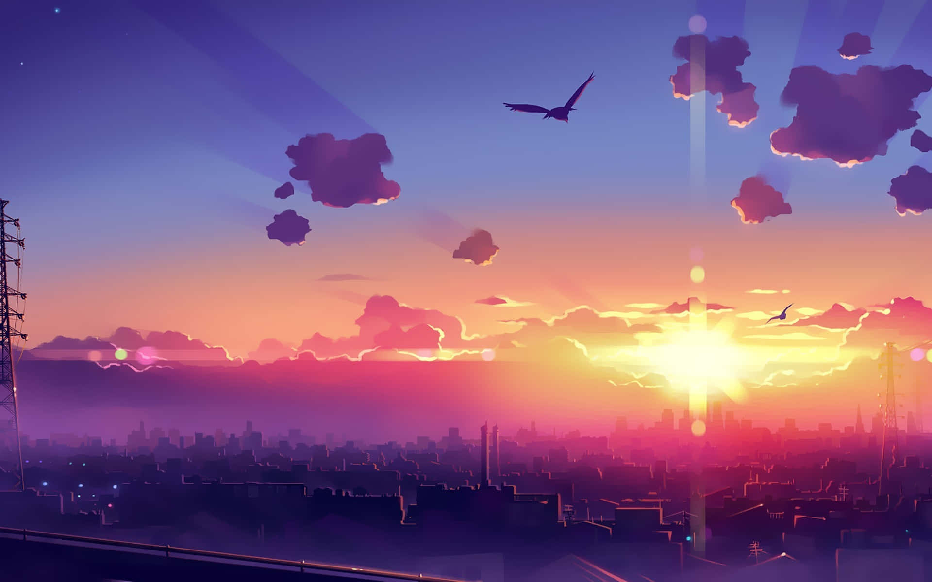 a city with a sunset and birds flying around