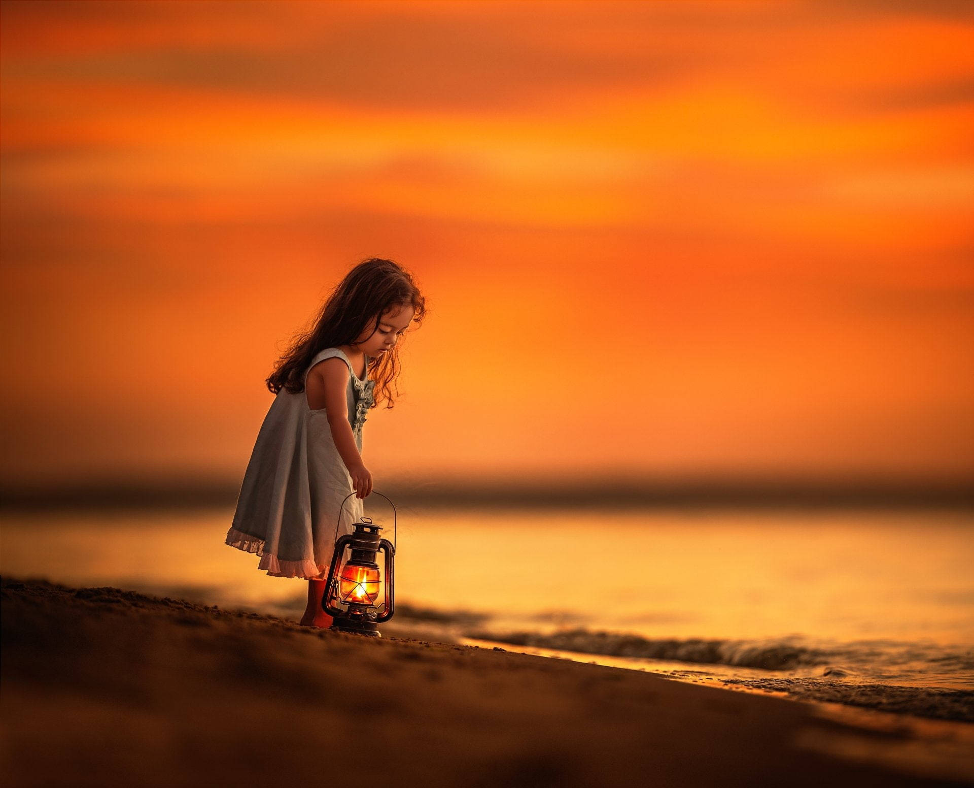 Sunset Beach Girl With Lamp Wallpaper