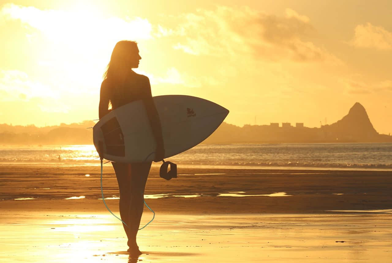 Sunset Beach Girl Surfing Picture