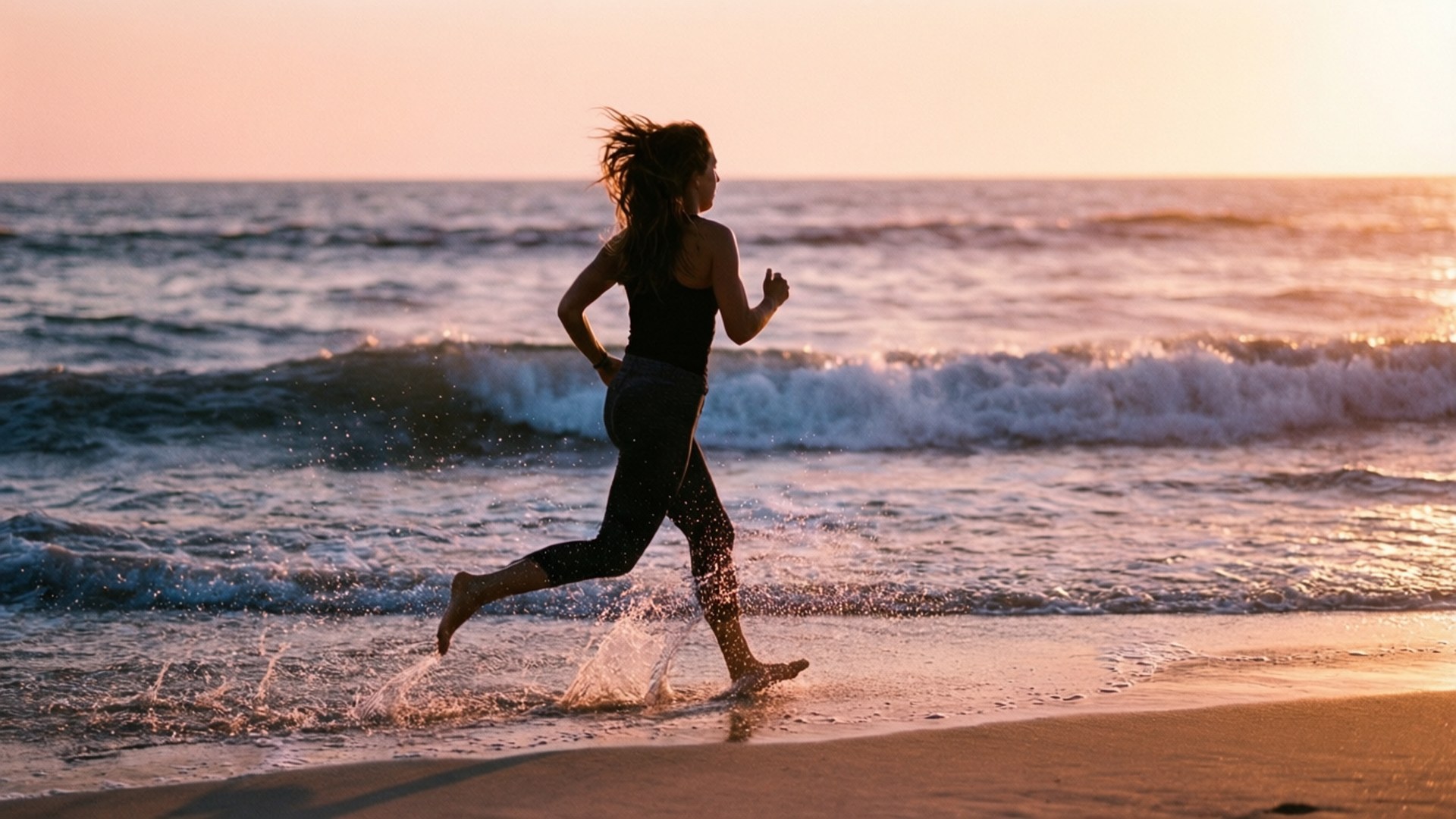A woman runs barefoot on the beach at sunset, spontaneous and free.