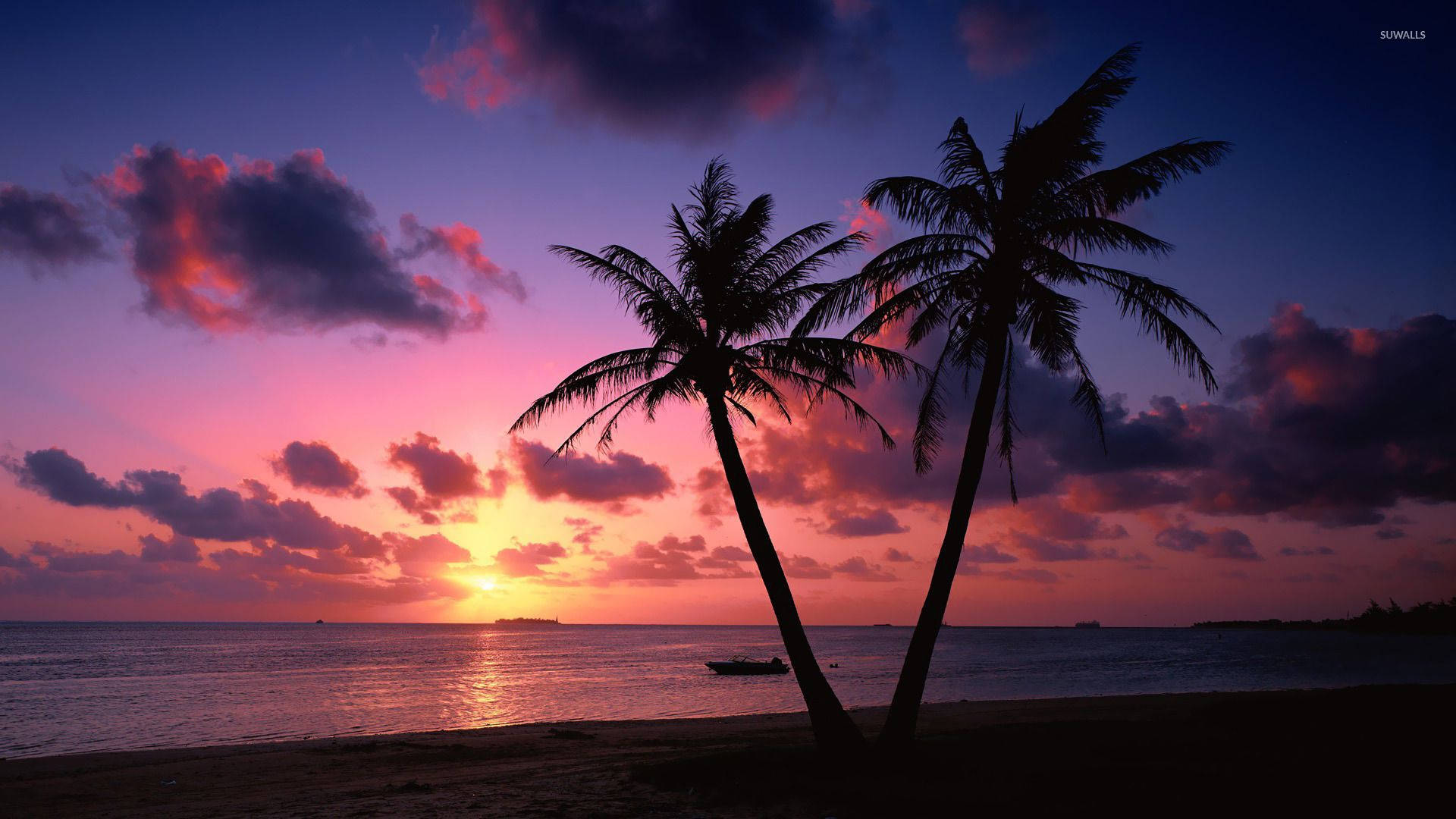 A picturesque sunset at an ocean beach. Wallpaper
