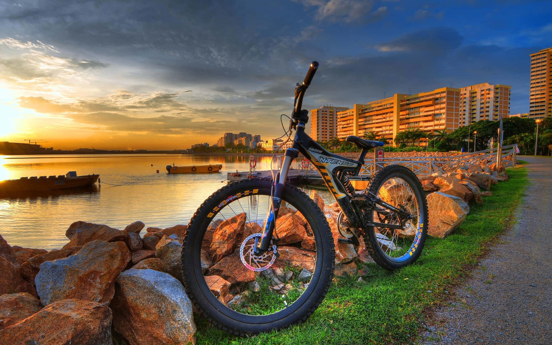 Zonsondergang Fiets Bij Het Meer Achtergrond