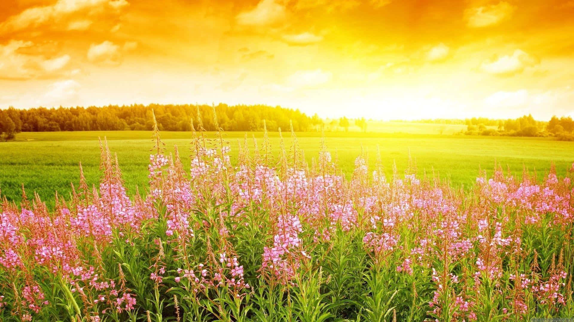 Sunset Blush Flower Field Wallpaper