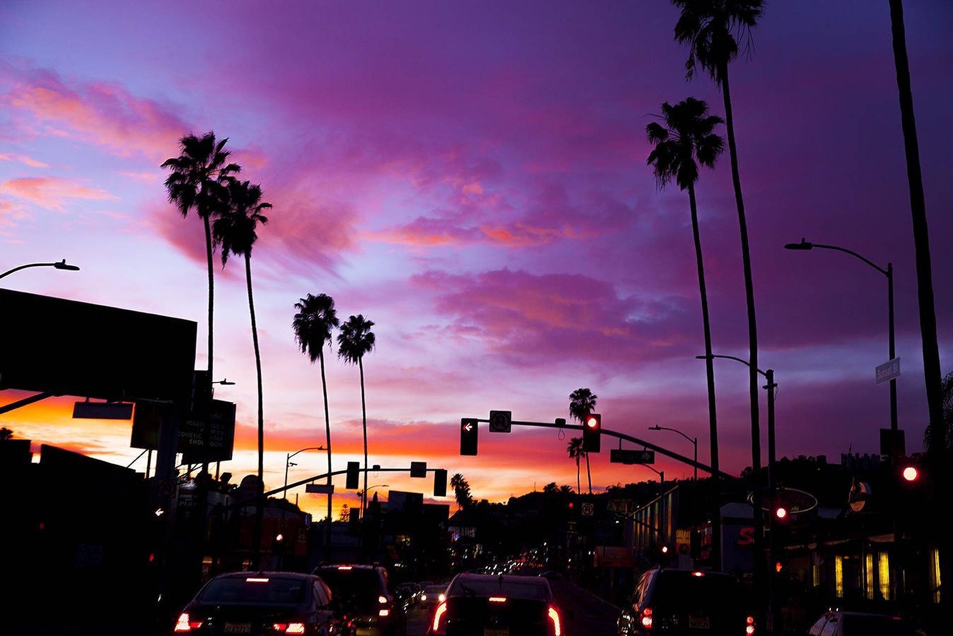 Sunset Boulevard Purple Sky Wallpaper