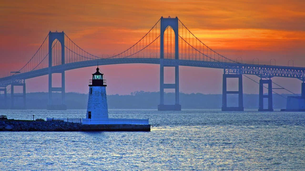 Sunset Bridge Lighthouse Newport Wallpaper