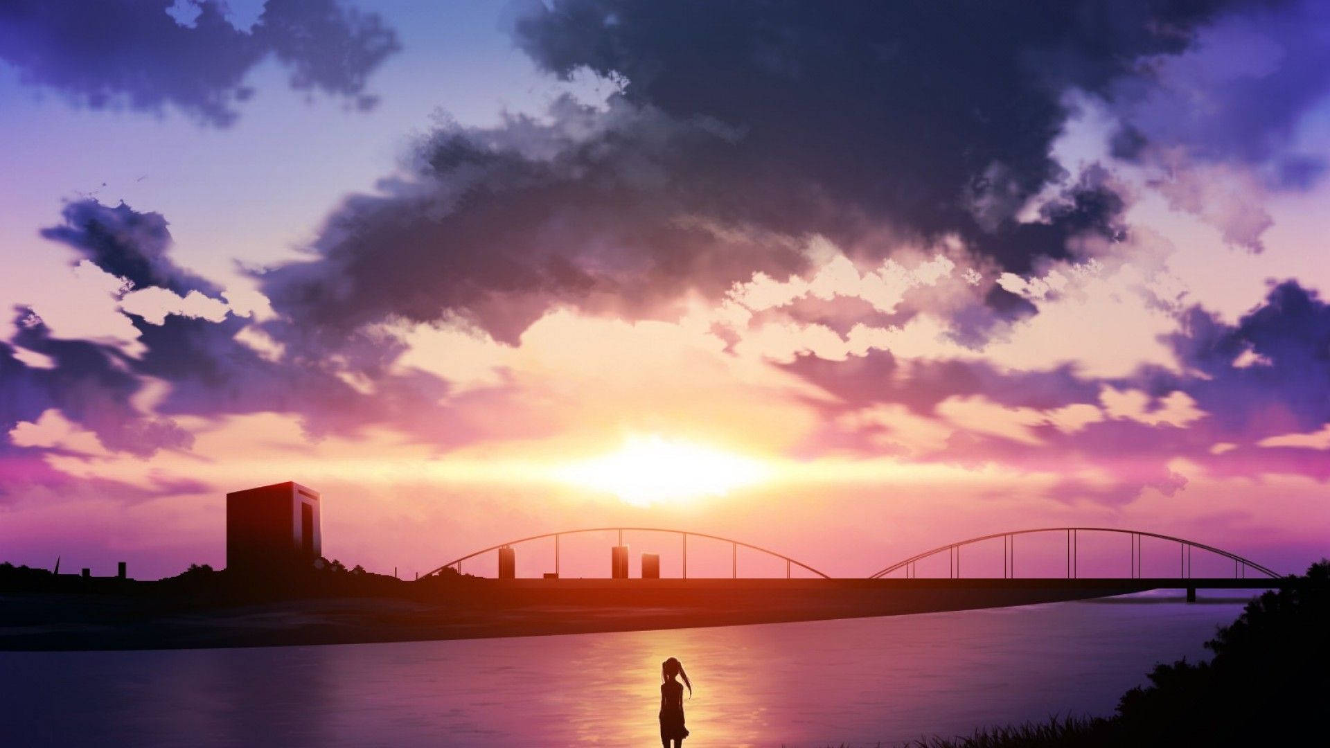 Sunset By The Bridge Anime Scenery Wallpaper