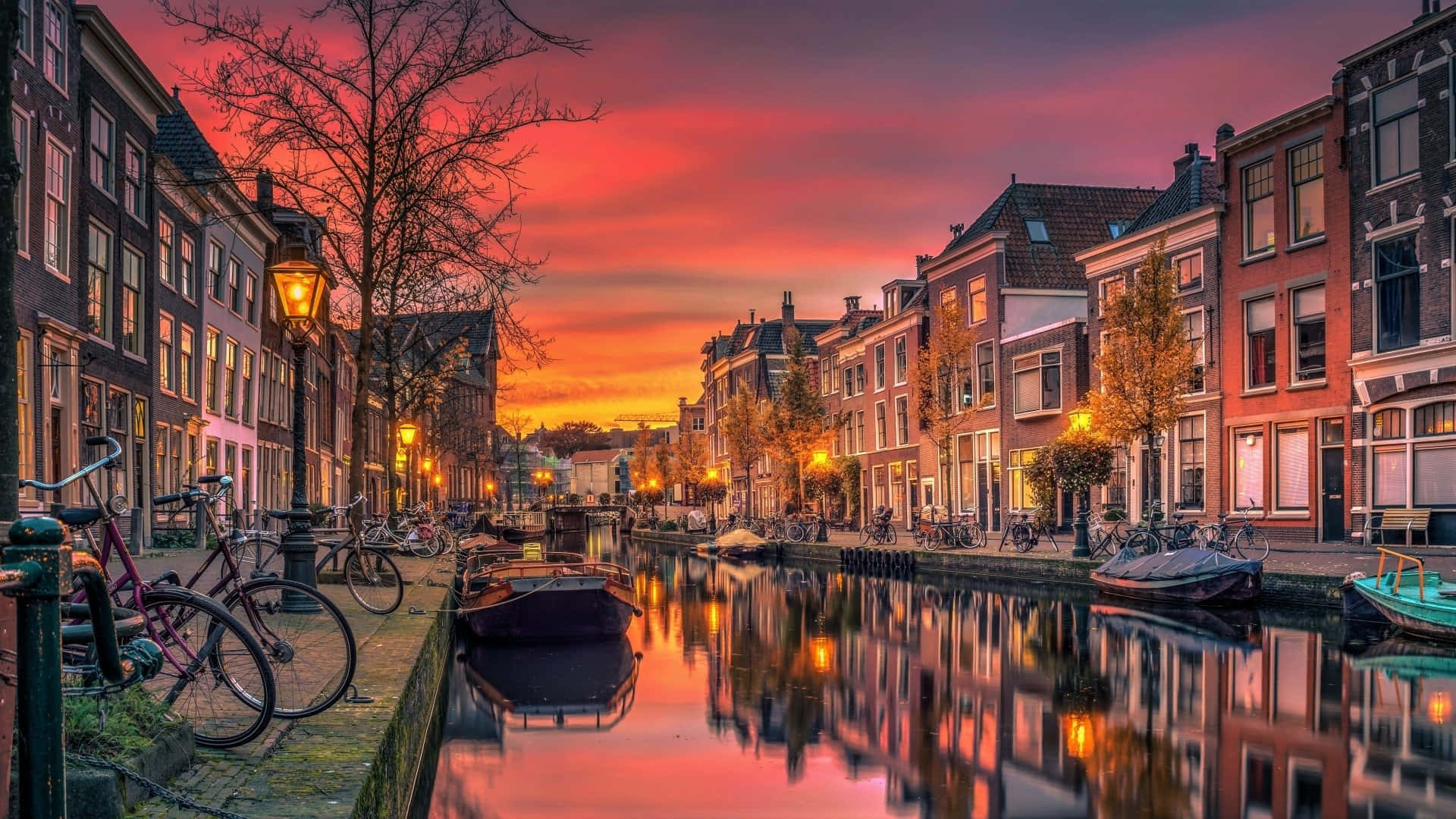 Sunset Canal Reflections Hengelo Netherlands Wallpaper