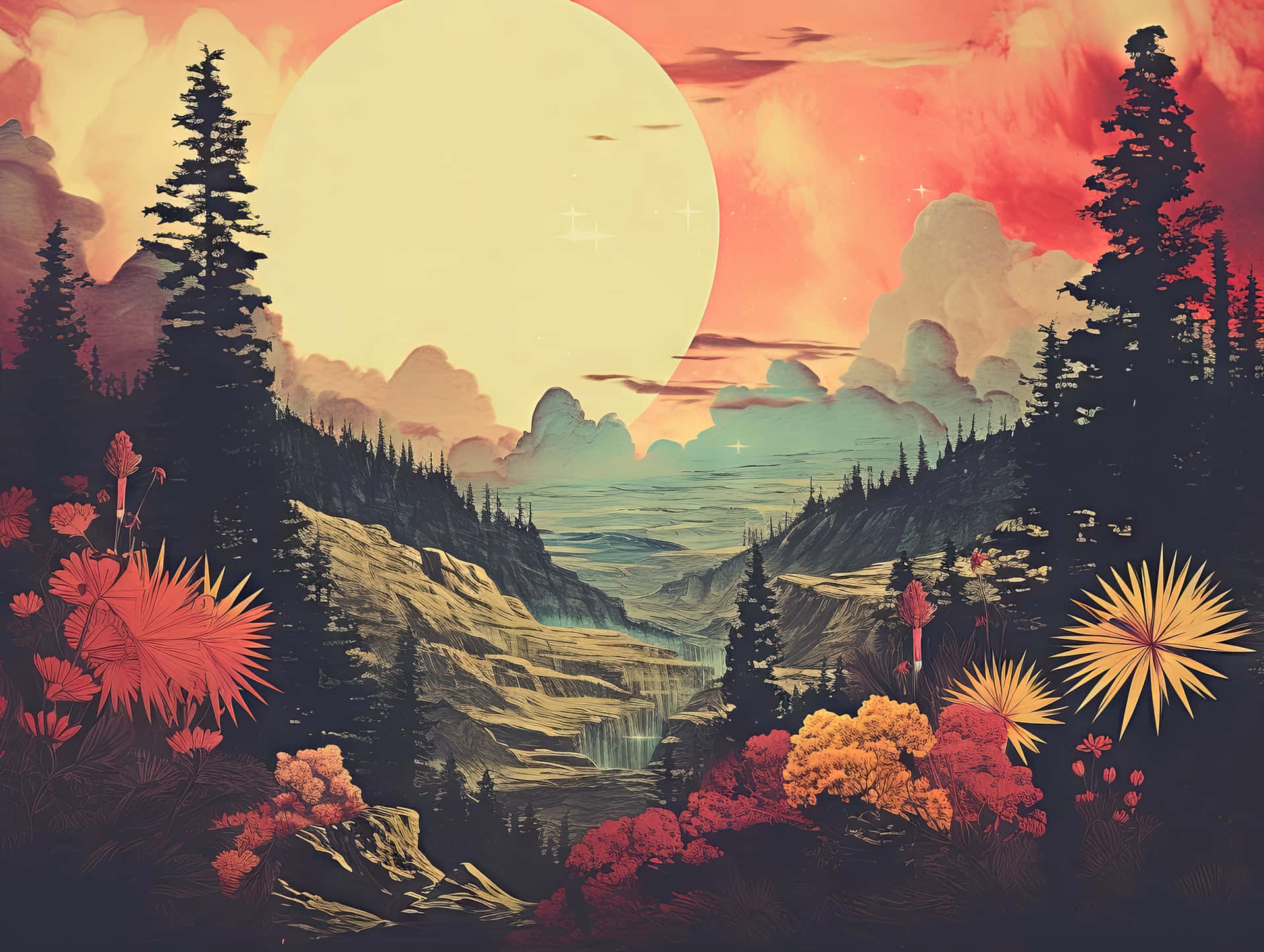 Sunset_ Canyon_ Retro_ Style_ Landscape_ Mural.jpg Wallpaper
