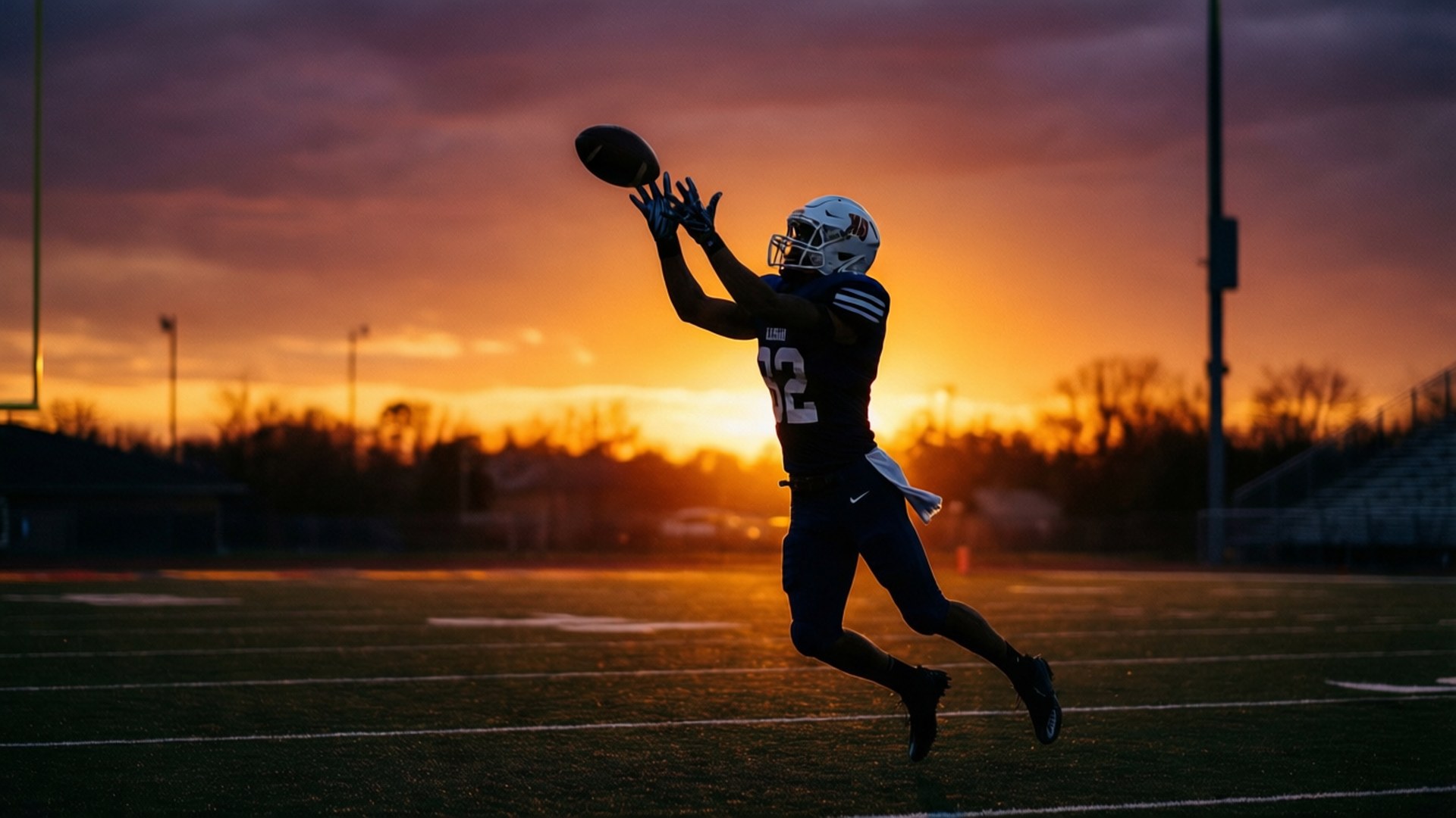 Sunset Catch Wallpapers — En fodboldspiller springer i silhuet mod en flammende solnedgangshimmel for at fange en bold på en tom bane.
