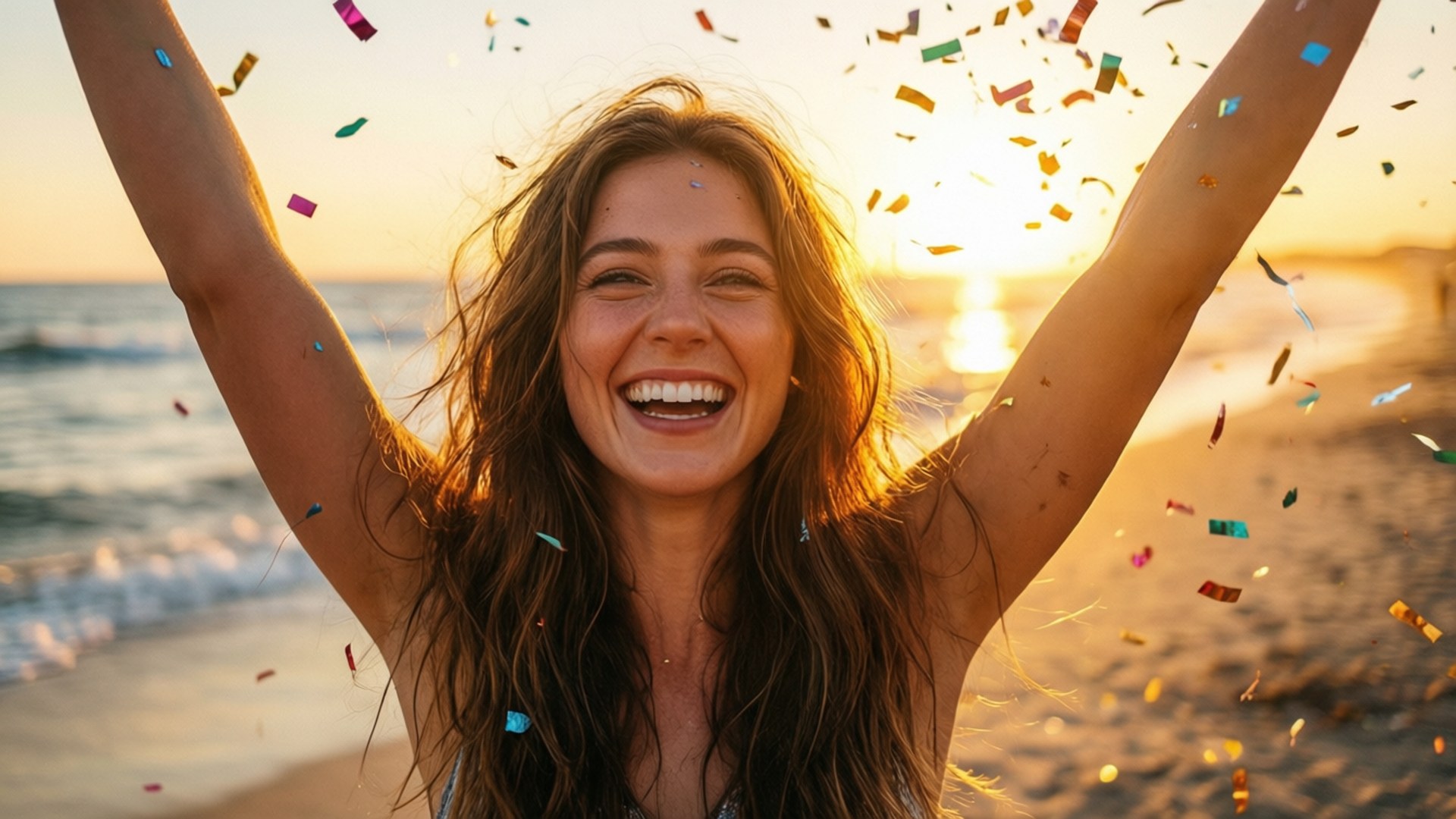 A joyful woman celebrating on a beach at sunset with confetti.