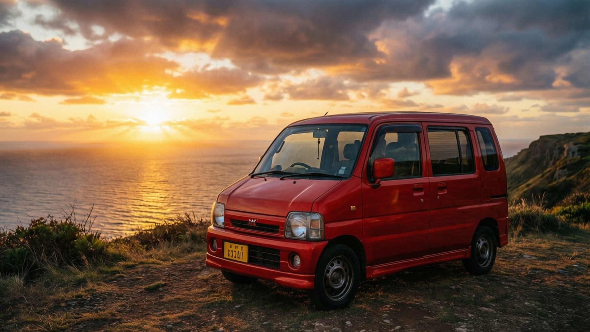 En ljusröd Daihatsu Trevis parkerad på en klippa med utsikt över havet under solnedgången.