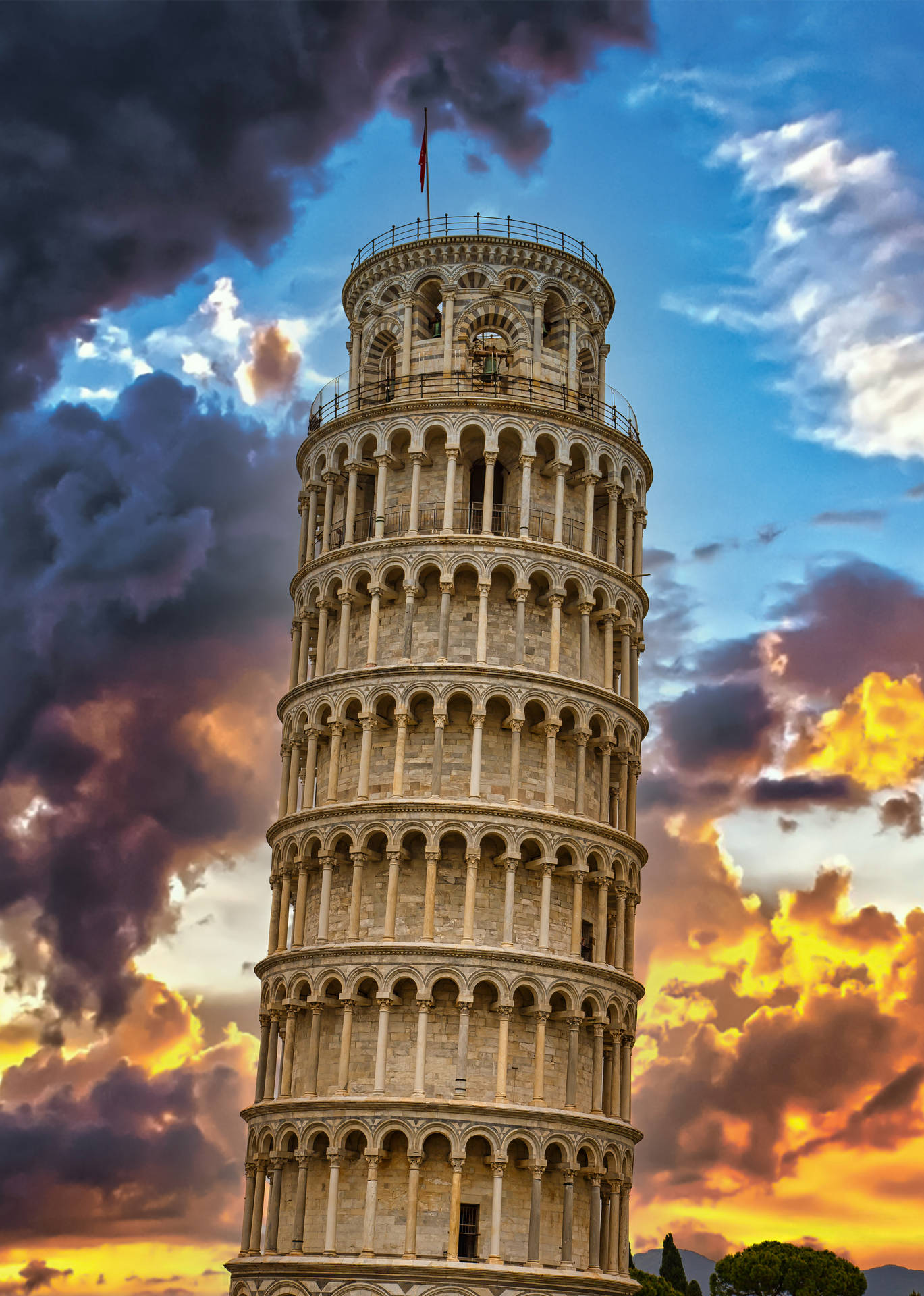 Solnedgang Skyer Pisa Tårn Tapet Wallpaper
