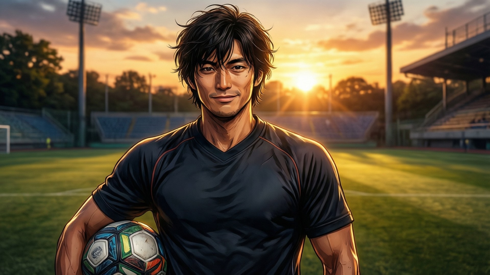 Kensuke Midorikawa kentällä auringonlaskun aikaan pallon kanssa