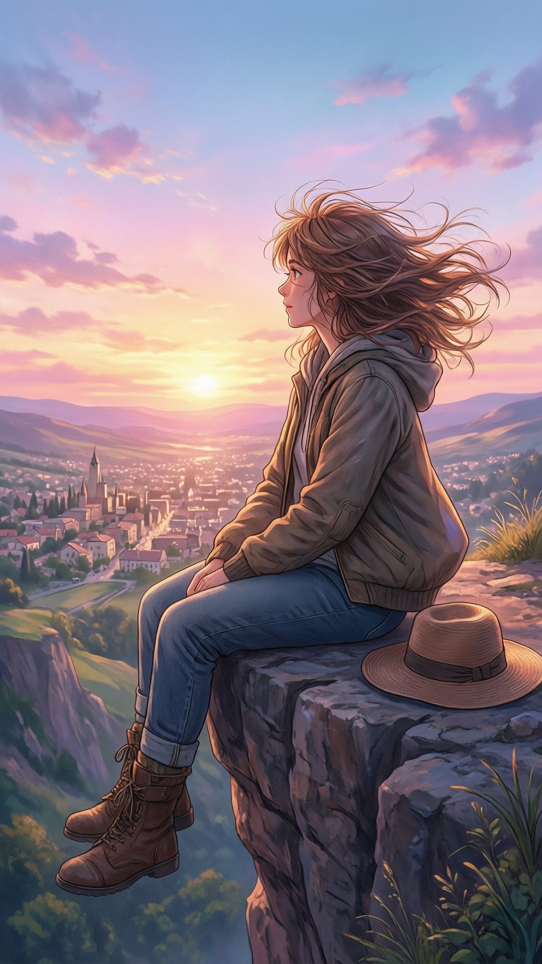 Milly Thompson seduta su una scogliera al tramonto, pacifica e contemplativa.